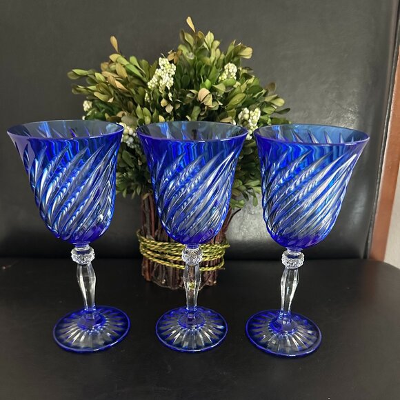 French Cristal D'Arques "Durand Valse" Cobalt Blue Swirl 7” Wine Crystal Glass - Picture 2 of 5